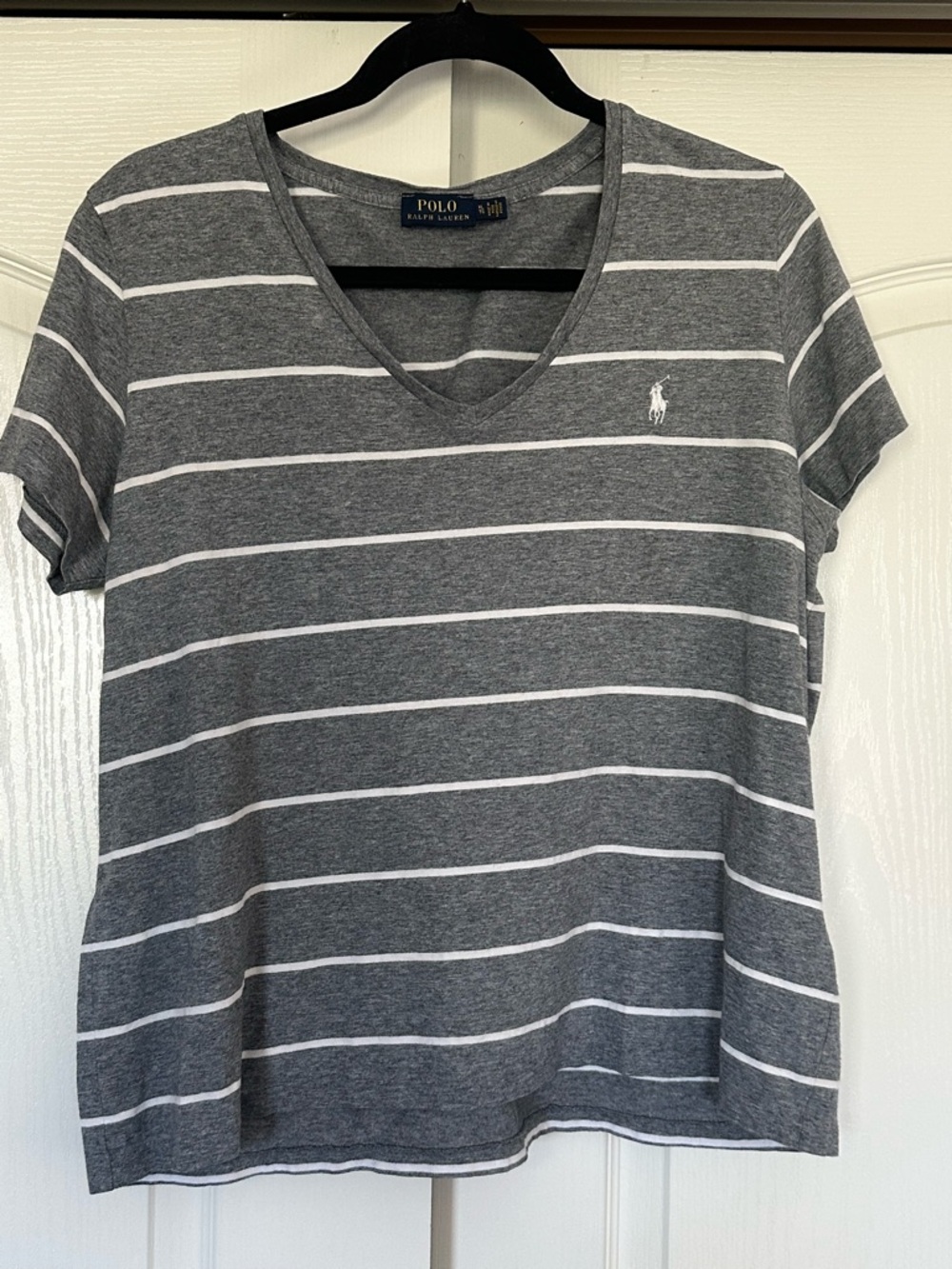 Polo by Ralph Lauren Gray and White Striped V-Neck Tee
